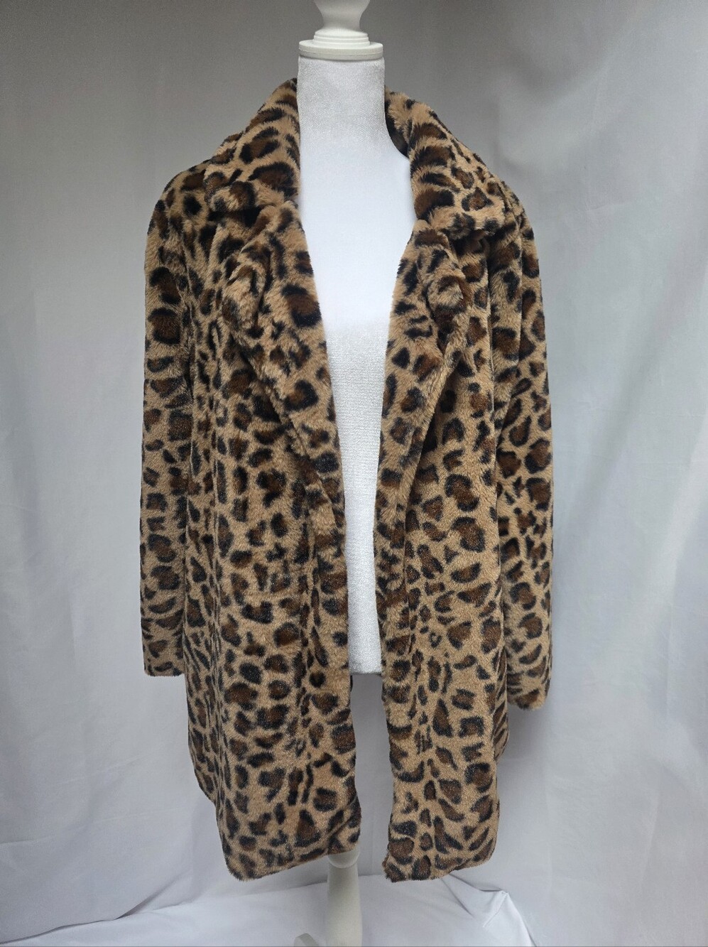 Love Tree Leopard Print Faux Fur Open Front Jacket Coat Medium